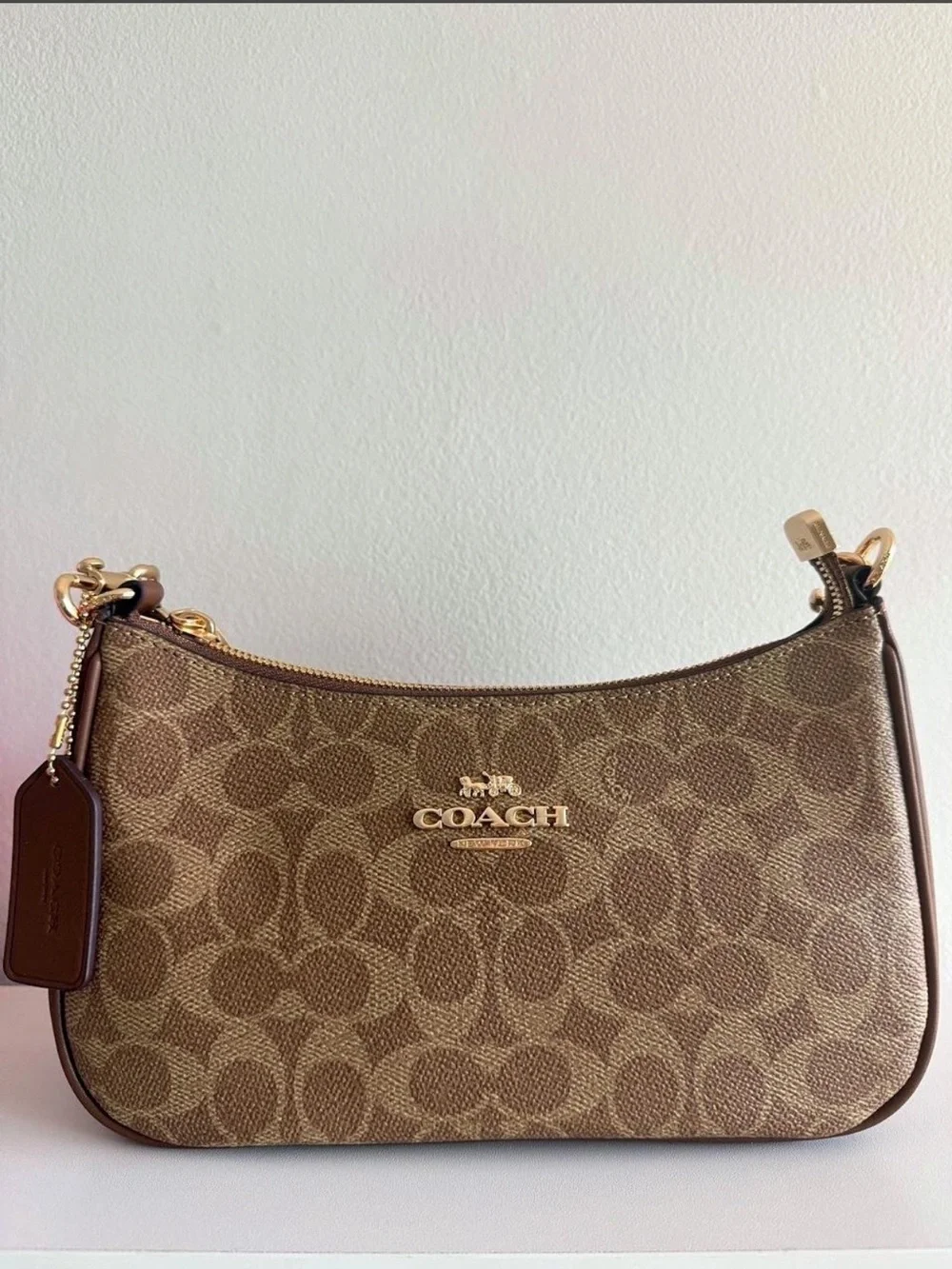 COACH Brown Signature Brown Teri Shoulder Bag with Gold Hardware